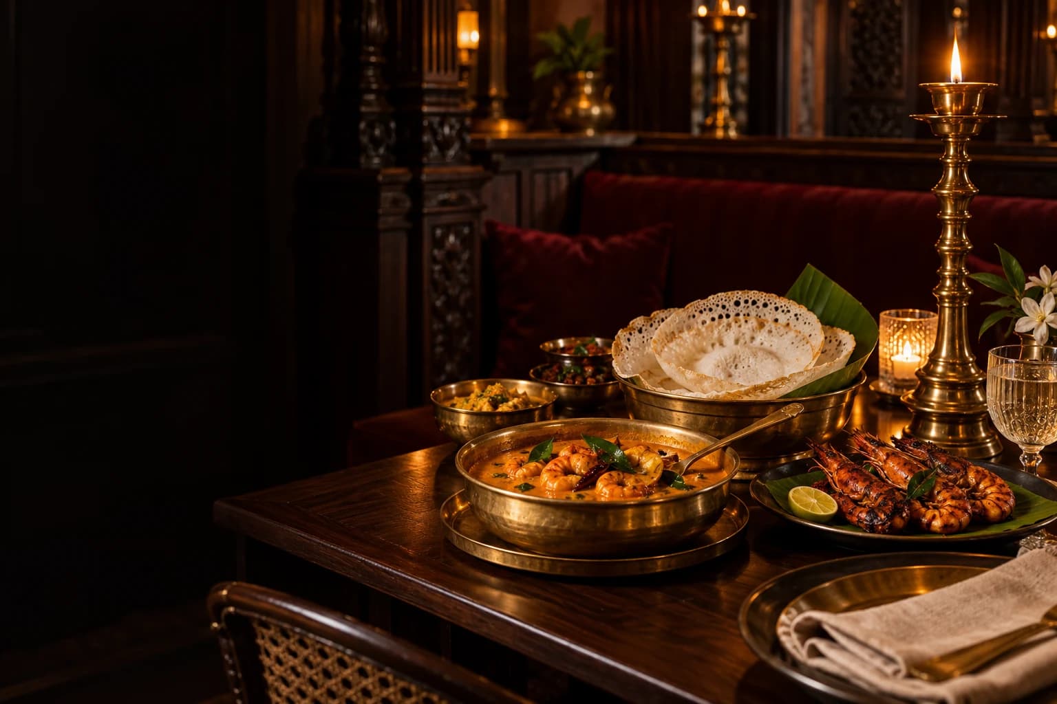 Concept photograph of South Indian dishes in brass bowls on a candlelit table